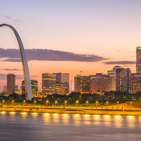 St. Louis, Missouri, USA Skyline St. Louis, Missouri, USA downtown cityscape on the Mississippi River at twilight.